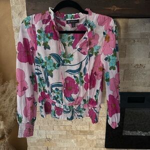 INC International Concepts Naveena Floral Smocked Top Size M Pink Teal Blouse